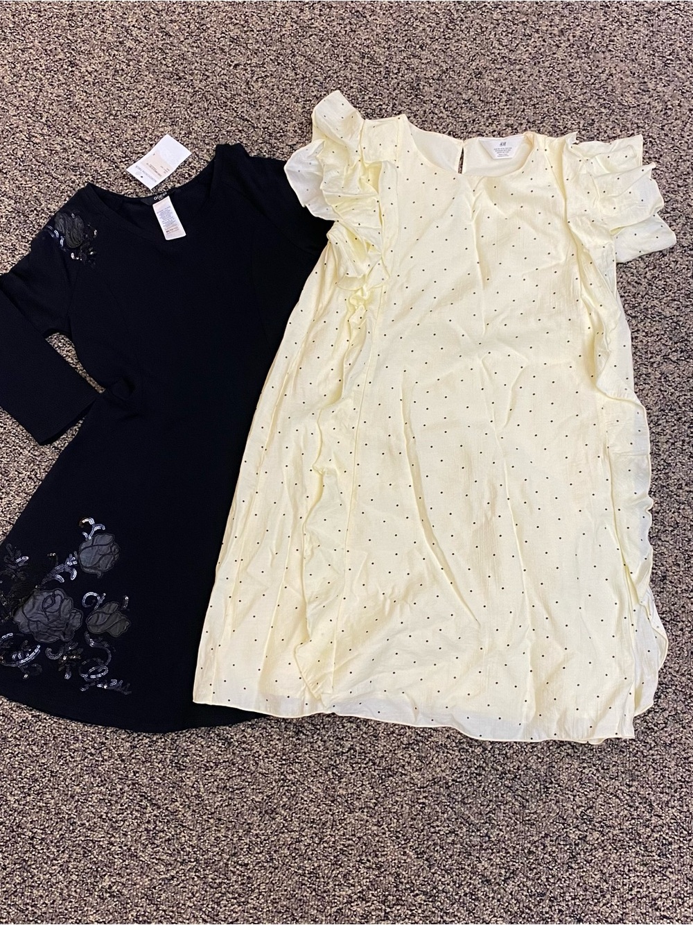 GUESS NWT Black Sequin Rose Dress & H&M Cream Polka Dot Ruffle Dresses Size 10